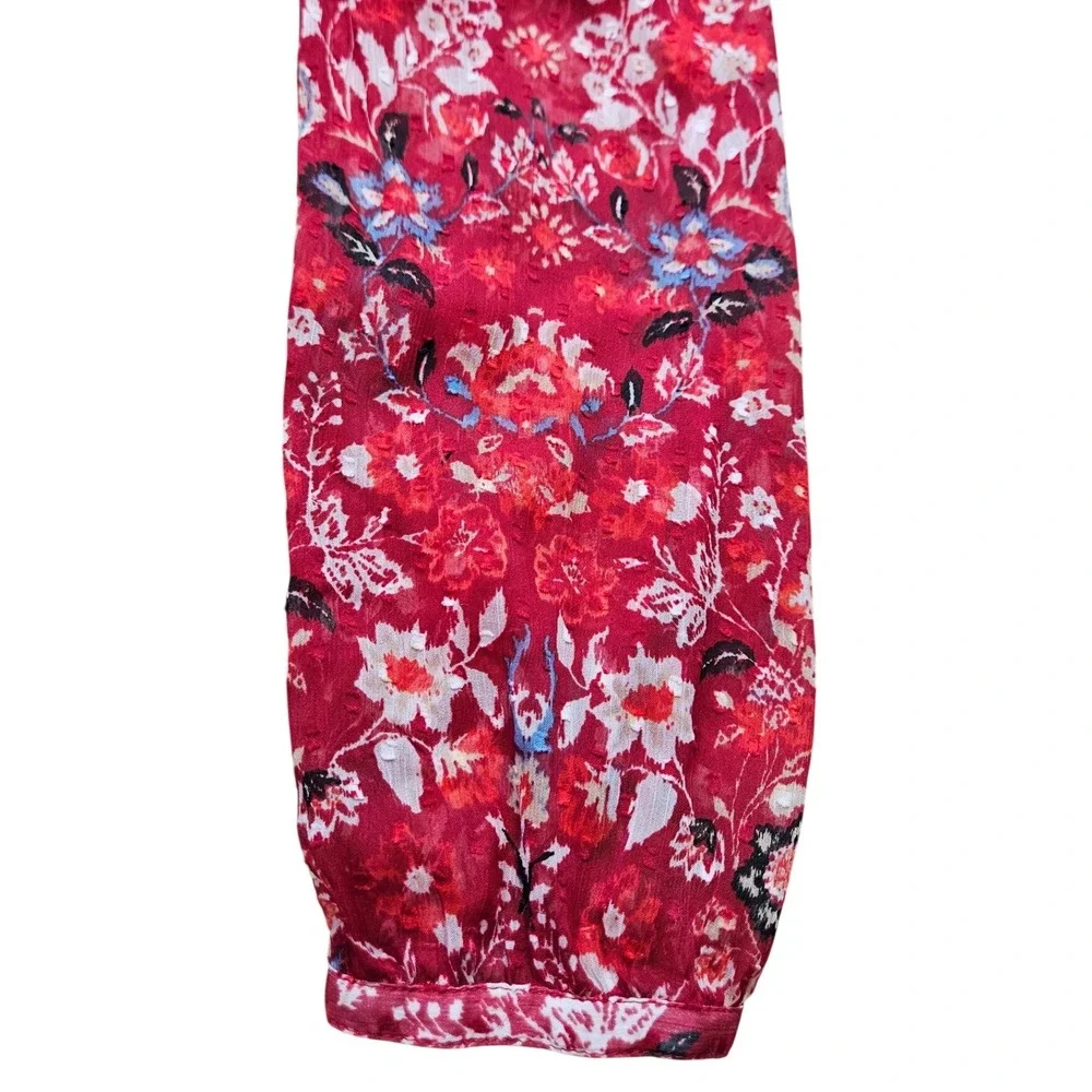 LOFT Red Floral Clip‎ Dot Tiered Midi Dress Long Sleeve Ruffle V-Neck Size M